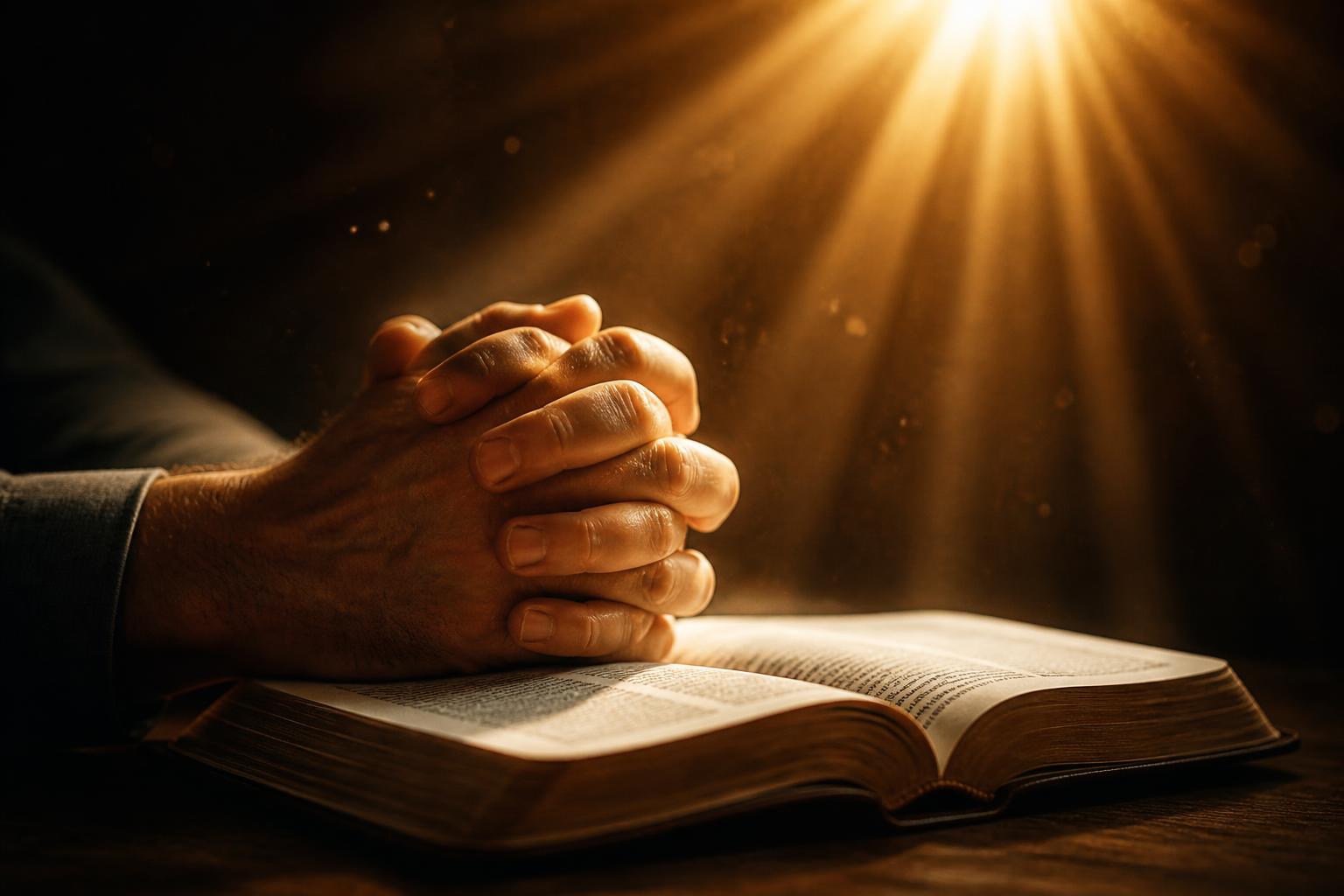 Manos en oración sobre la Biblia iluminadas por la luz dorada divina